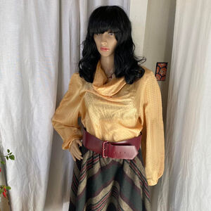 Vintage Yellow Cowl Neck Blouse | 1970s Top | Large | Draped Collar Retro Shirt